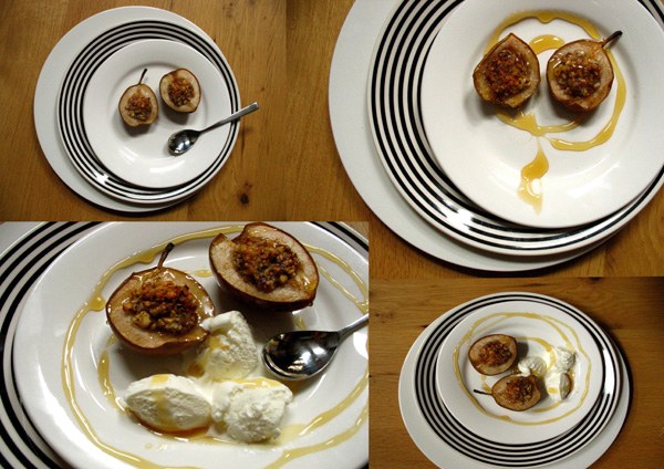 caramelized pear with ice cream pears : chopped walnuts : honey : ginger : &amp;nbsp;roast 180C 25min